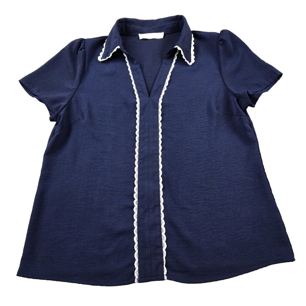 Fair Haven Women's Short Sleeve Shirt Navy with Feminine Lace Trim Demure Large‎